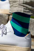 Swole Panda Block Stripe Bamboo Socks - Lime Green Blue model
