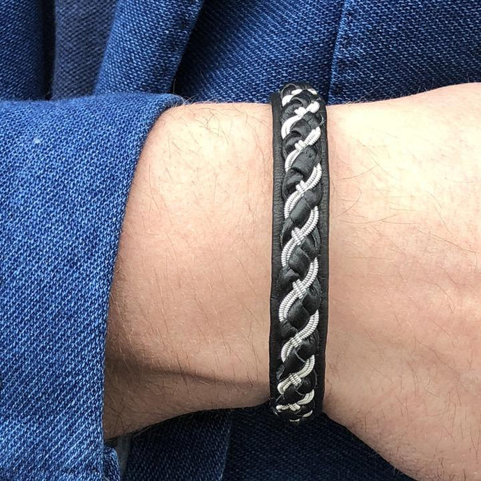Julevu Sami alexander Mens woven leather metal bracelet black