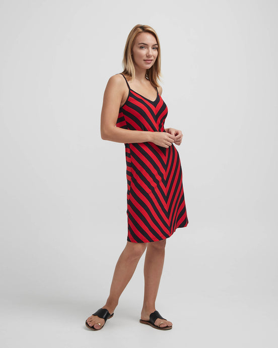 Holebrook Sweden Melanie Ladies sleeveless strap Viscose Dress Navy Scarlet Red stripes front
