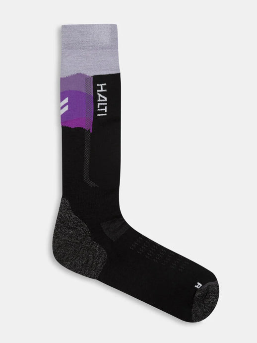 Black and purple tunturit ski sock with 'HALTI' branding