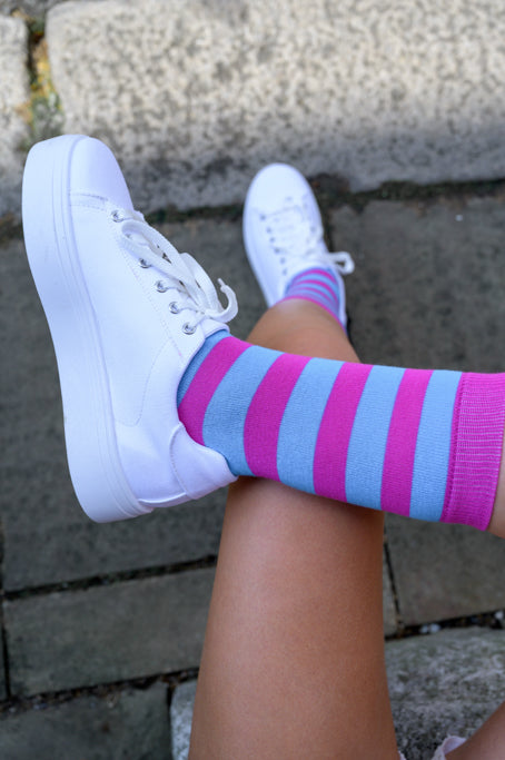 Swole Panda Stripe Bamboo Socks - Pink and Blue model