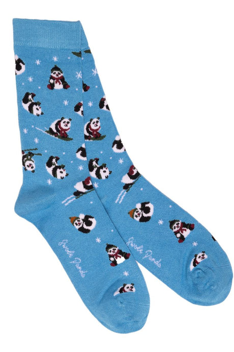 Swole Panda Animal Bamboo Socks - Skiing Pandas Blue