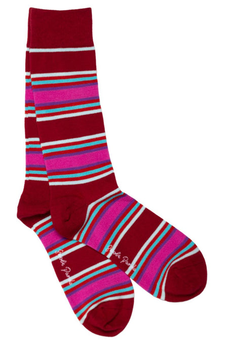 Swole Panda Bamboo Socks - Burgundy Pink Fine Stripe