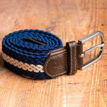 Swole Panda Recycled Woven Belt - Blue White Stripe on wood